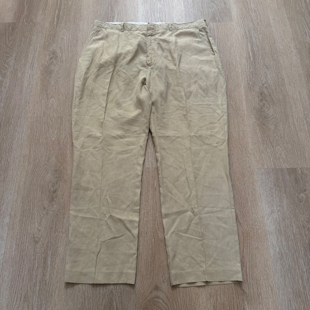 VTG Polo Ralph Lauren Linen Silk Trousers Mens 40x32 Tan Straight‎ Leg Pants